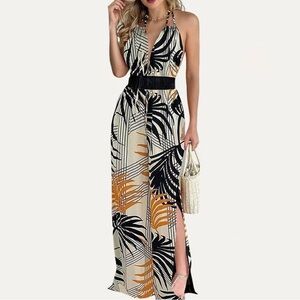 Tropical white, black & yellow beach Halter Jumpsuit